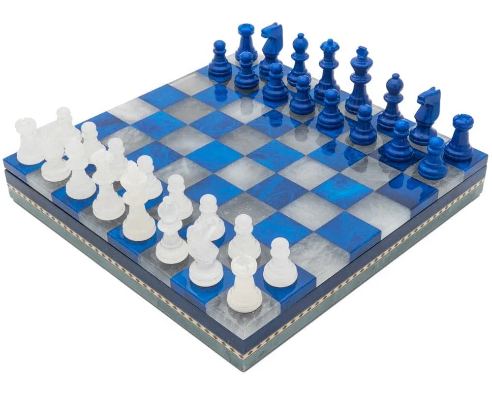 Blauw-witte albasten schaakset en damset met ingelegde opbergkist de Alabastri Scali – boîte
