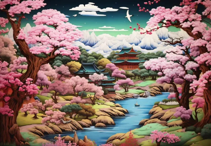 Puzzle Temple Japonais au Printemps - 1000 pièces van Alipson Puzzle – doos 1 van 2