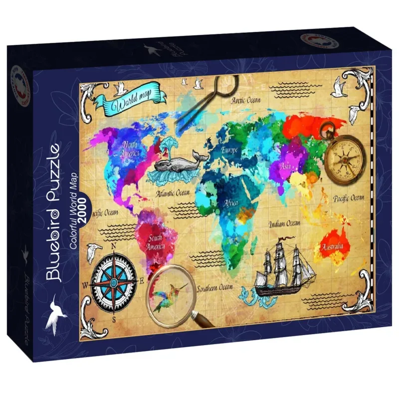 kleurrijke wereldkaart legpuzzel - 2000 stukjes. de Bluebird Puzzle, édition Multicolore – boîte 2 sur 2