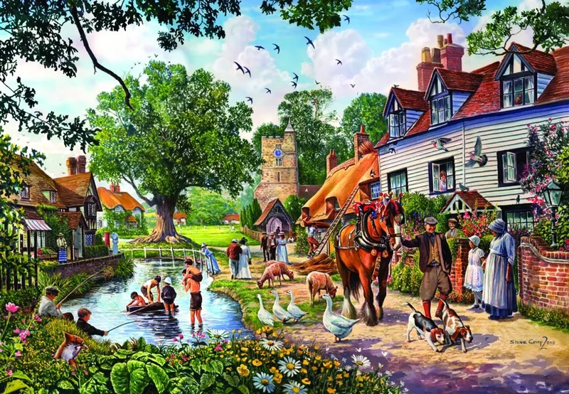 legpuzzel A Village in Summer - 1000 stukjes kleurrijk. från Bluebird Puzzle, utgåva Flerfärgad – kartong