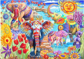 legpuzzel Elephants in the Garden - 2000 stukjes dieren. fra Bluebird Puzzle, Flerfarvet-udgave – æske 1 af 2