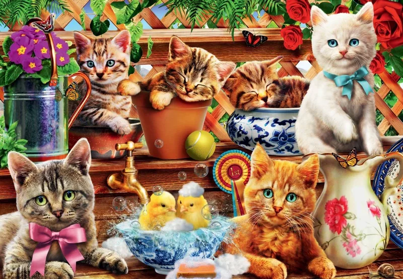 legpuzzel Kittens in the Potting Shed - 1000 stukjes. fra Bluebird Puzzle, Flerfarvet-udgave – æske 1 af 2