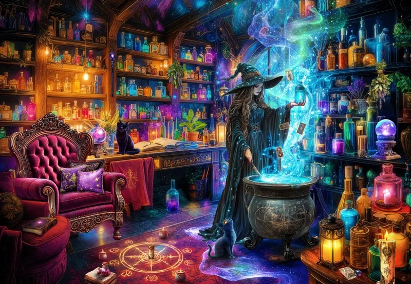 legpuzzel The Witch's Lair - 1000 stukjes puzzelspel. från Bluebird Puzzle, utgåva Flerfärgad – kartong