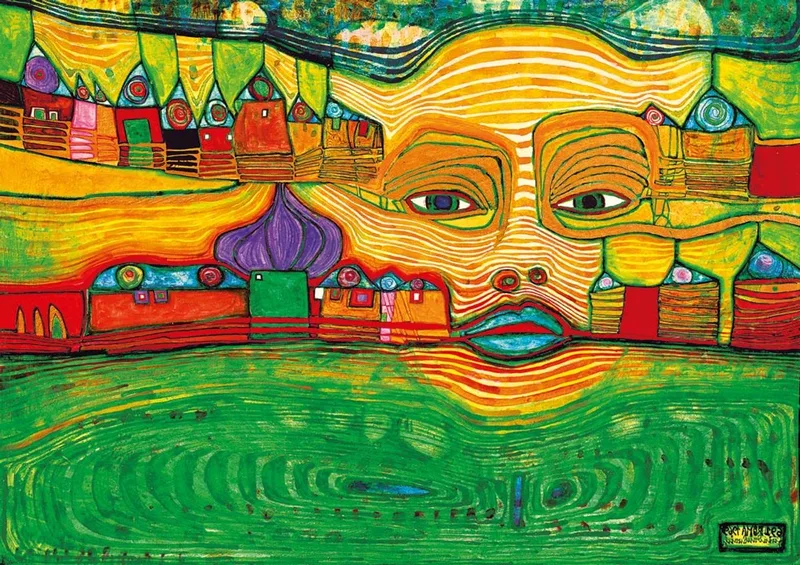 puzzel Hundertwasser - Irinaland over the Balkans 1000 stukjes. van Bluebird Puzzle, editie Meerkleurig – doos 1 van 2