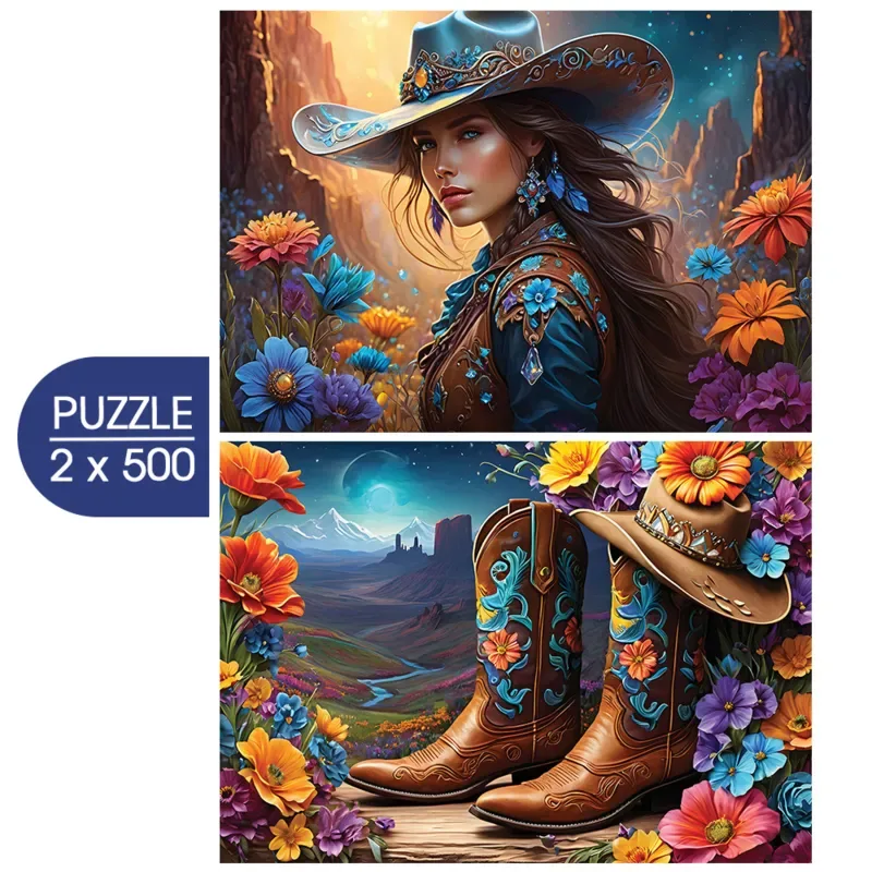 Puzzle 2 Puzzles - Cowgirl and Boots - Far West Collection - 500 à 999 pièces de Bluebird Puzzle – boîte