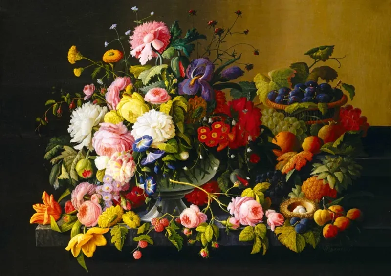 Puzzle Severin Roesen - Still Life, Flowers and Fruit, 1855 - 1000 pièces van Bluebird Puzzle – doos 1 van 2