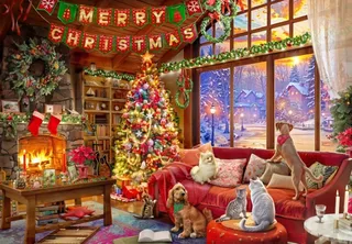 Puzzle Soirée de Noël avec les Animaux de Compagnie - 1000 pièces van Bluebird Puzzle – doos 1 van 2