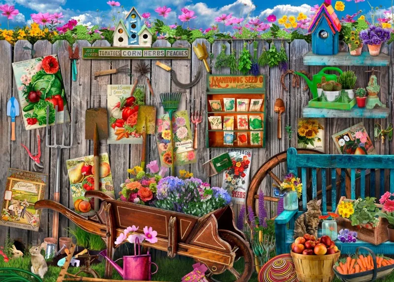 Puzzle Gartengerätezaun, Puzzleteile von Bluebird Puzzle, Ausgabe Mehrfarbig – Schachtel