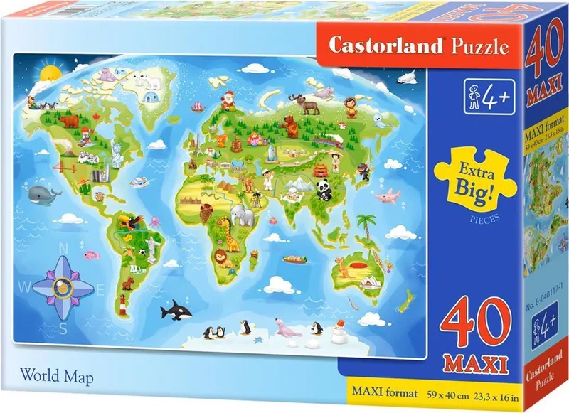 MAXI – Puzzel – 40 stukjes – Extra grote stukken – Premium kwaliteit – Beide kanten gecoat van Castorland, editie World Map – doos