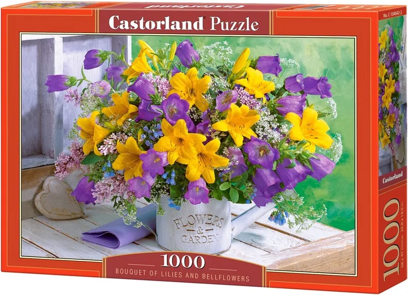 Puzzel – 1.000 stukjes – Satijnen afwerking – Perfecte pasvorm – Europese kwaliteit fra Castorland, Bouquet of Lilies and Bellflowers-udgave – æske