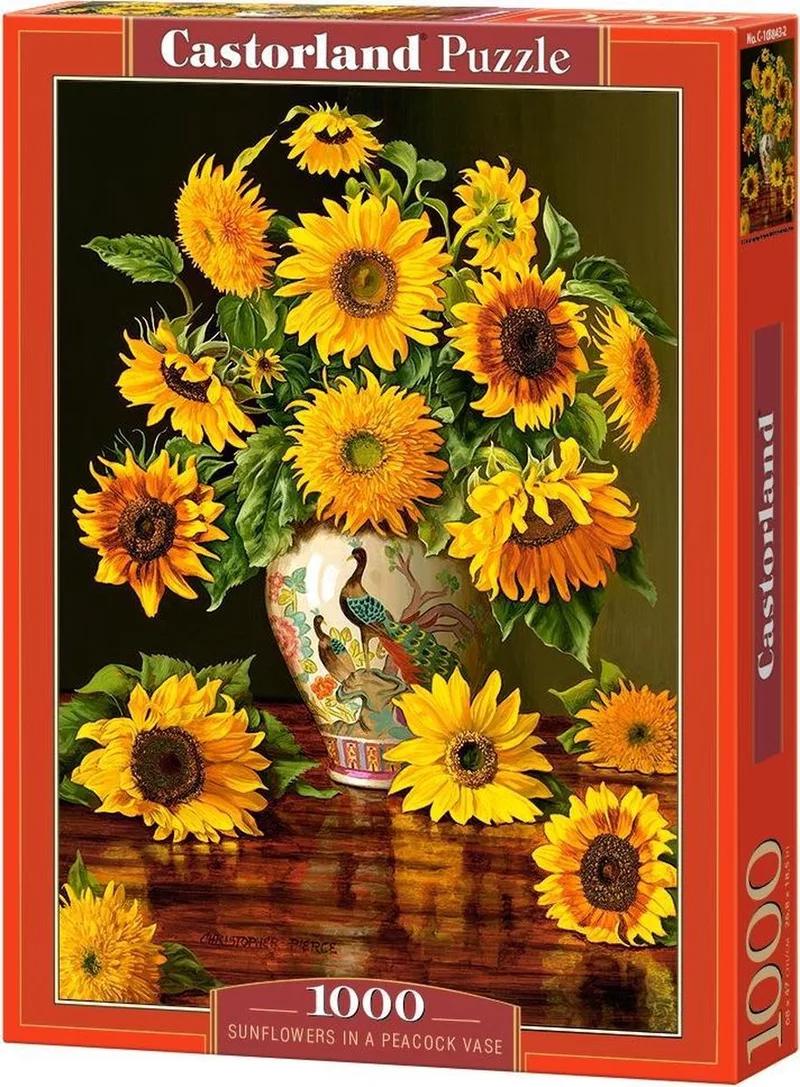 Puzzel – 1.000 stukjes – Satijnen afwerking – Perfecte pasvorm – Europese kwaliteit von Castorland, Ausgabe Sunflowers in a Peacock Vase – Schachtel 1 von 2