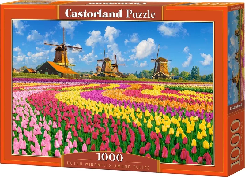 Puzzel – 1.000 stukjes – Satijnen afwerking – Perfecte pasvorm – Europese kwaliteit fra Castorland, Dutch Windmills Among Tulips-udgave – æske