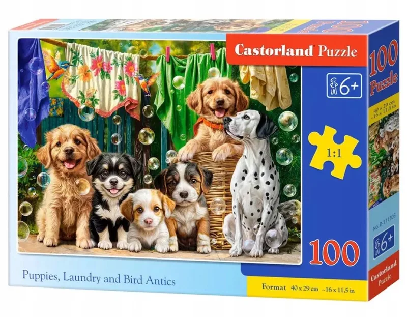 puzzel 100 stukjes: puppy's, wassen en vogelplezier fra Castorland, Flerfarvet-udgave – æske