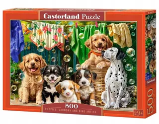 puzzel 500 stukjes: puppy's, wasgoed en vogels von Castorland, Ausgabe Mehrfarbig – Schachtel 1 von 2