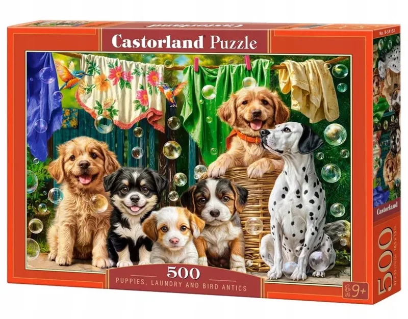 puzzel 500 stukjes: puppy's, wasgoed en vogels fra Castorland, Flerfarvet-udgave – æske