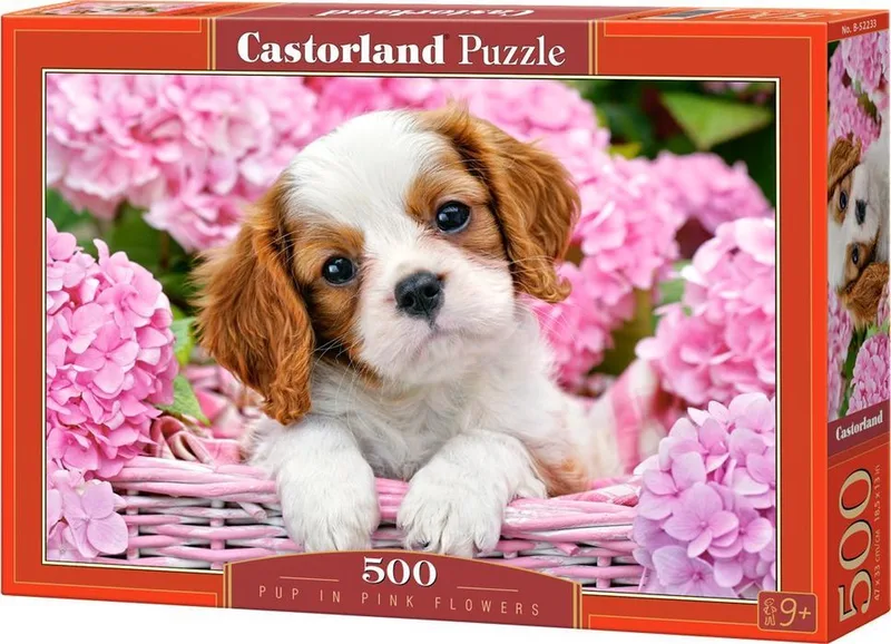 Puzzel – 500 stukjes – Satijnen afwerking – Perfecte pasvorm – Europese kwaliteit fra Castorland, Pup in Pink Flowers-udgave – æske