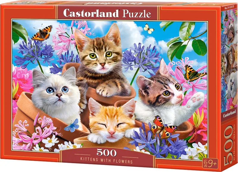 Puzzel – 500 stukjes – Satijnen afwerking – Perfecte pasvorm – Europese kwaliteit fra Castorland, Kittens with Flowers-udgave – æske 1 af 2