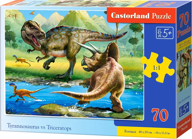 Puzzel – 70 stukjes – Dinosaurussen – Premium kwaliteit van Castorland, editie Tyrannosaurus vs Triceratops – doos