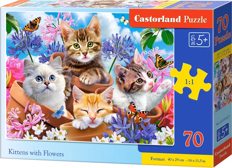 Puzzel – 70 stukjes – Katten – Premium kwaliteit van Castorland, editie Kittens with Flowers – doos