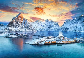 puzzel natuur 1000 stukjes zonsopgang Sakrisoy Noorwegen. fra Castorland, Flerfarvet-udgave – æske 1 af 2
