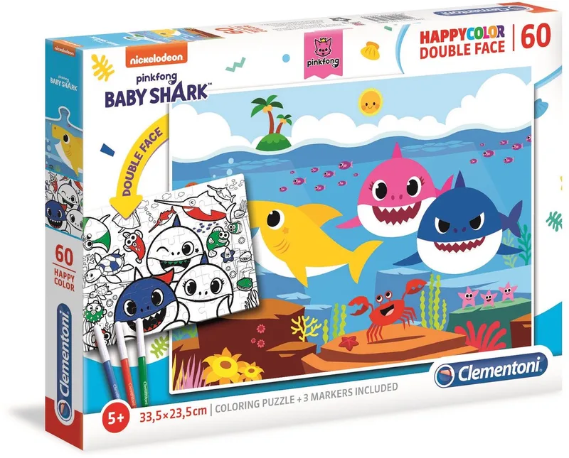 Baby Shark Puzzel 60 Stukken - Kleurbaar & Dubbelzijdig van Clementoni, editie Meerkleurig – doos