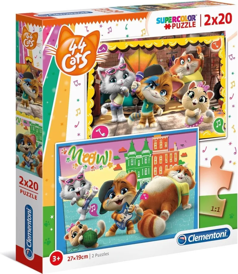 Clementoni - 44 Cats - Kinderpuzzel - 27 x 19 cm - 2 Puzzels - 20 Stukjes - Vanaf 3 jaar van Clementoni, editie Meerkleurig – doos