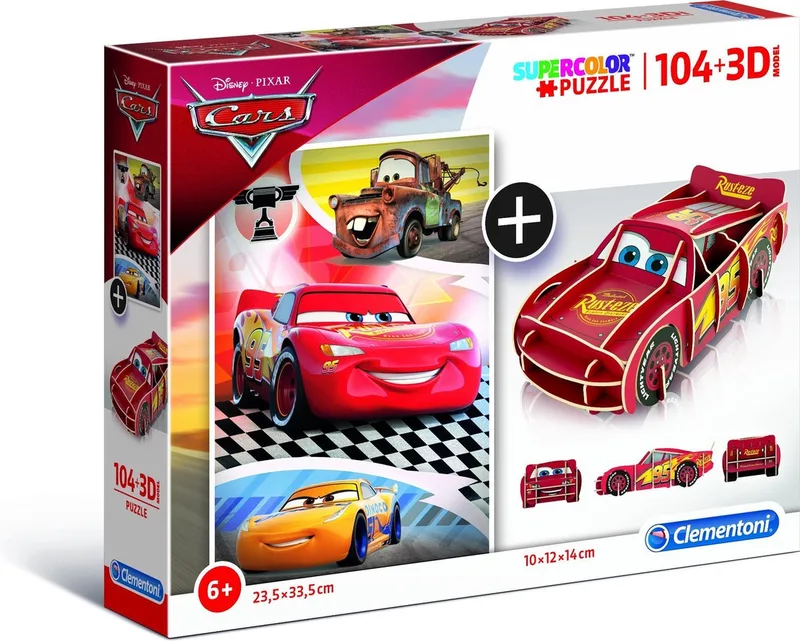 Disney Cars - Kinderpuzzel - 23.5 x 33 cm - 104 Stukjes - Vanaf 6 jaar - Inclusief 3D-model van Clementoni, editie Multi kleur – doos