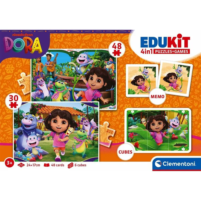 Dora The Explorer - Edukit 4 in 1 spellen - 2 puzzels, blokkenset en memory spel - Vanaf 3 jaar van Clementoni, editie Meerkleurig – doos 5 van 6