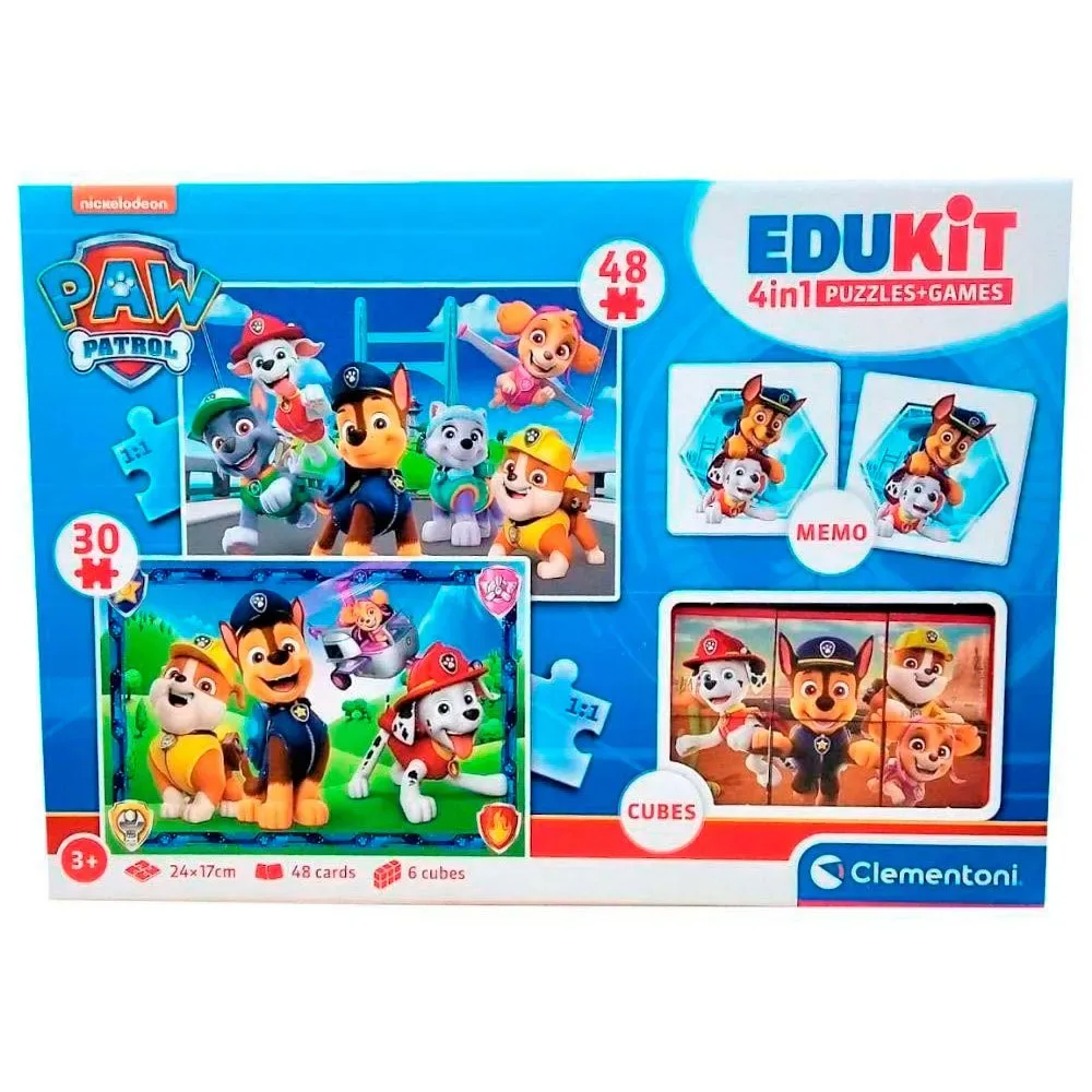 Paw Patrol Edukit 4 Spel I 1 Memo + Pussel + Domino + Tärningar från Clementoni – kartong