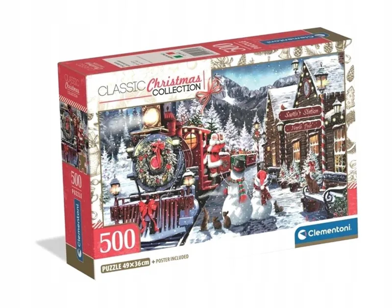Kerstpuzzel 500 Stukjes - Treinstation met Sneeuwman van Clementoni, editie Meerkleurig – doos