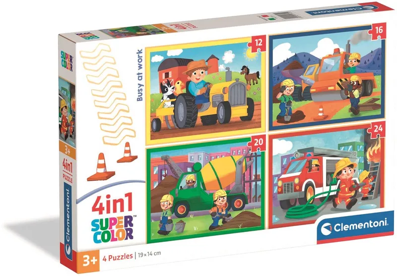 Kinderpuzzel 4 in 1 - Busy at Work - 12, 16, 20 en 24 Stukjes - Puzzel Vanaf 3 Jaar van Clementoni, editie Meerkleurig – doos