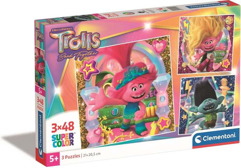 Kinderpuzzels - Trolls 3 Puzzels van 48 Stukjes, Puzzel, 4+ jaar - 25292 fra Clementoni, Flerfarvet-udgave – æske