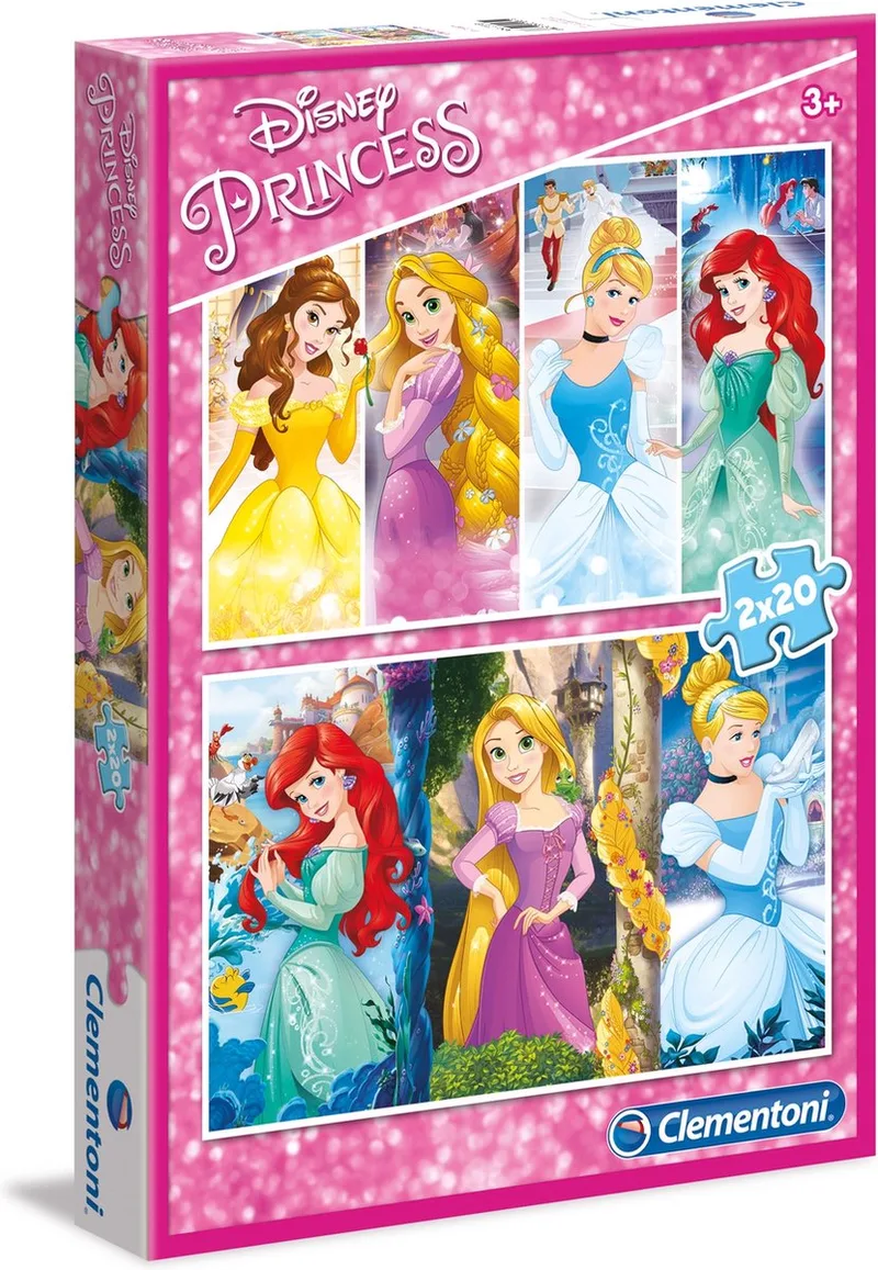 Merkloos Puzzel 2x20 Stuks - Prinsessen Thema von Clementoni, Ausgabe Mehrfarbig – Schachtel