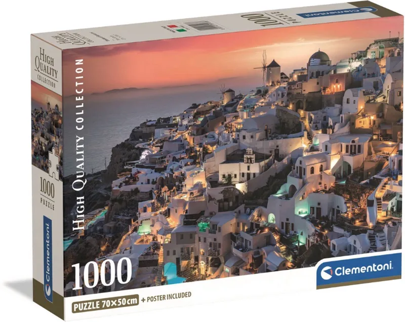 Puzzel 1000 Stukjes – Santorini Griekenland Zonsondergang – Oia Dorp met Witte Huisjes en Blauwe Koepels – Mediterrane Landschap Legpuzzel – Voor Volwassenen & Tieners – Premium Kwaliteit from Clementoni, Multicolour edition – box