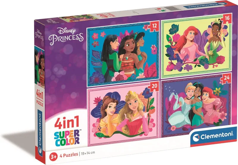 Puzzel - 4 Puzzels in 1 Doos - Puzzel Voor Kinderen - Supercolor fra Clementoni, Disney Princess-udgave – æske
