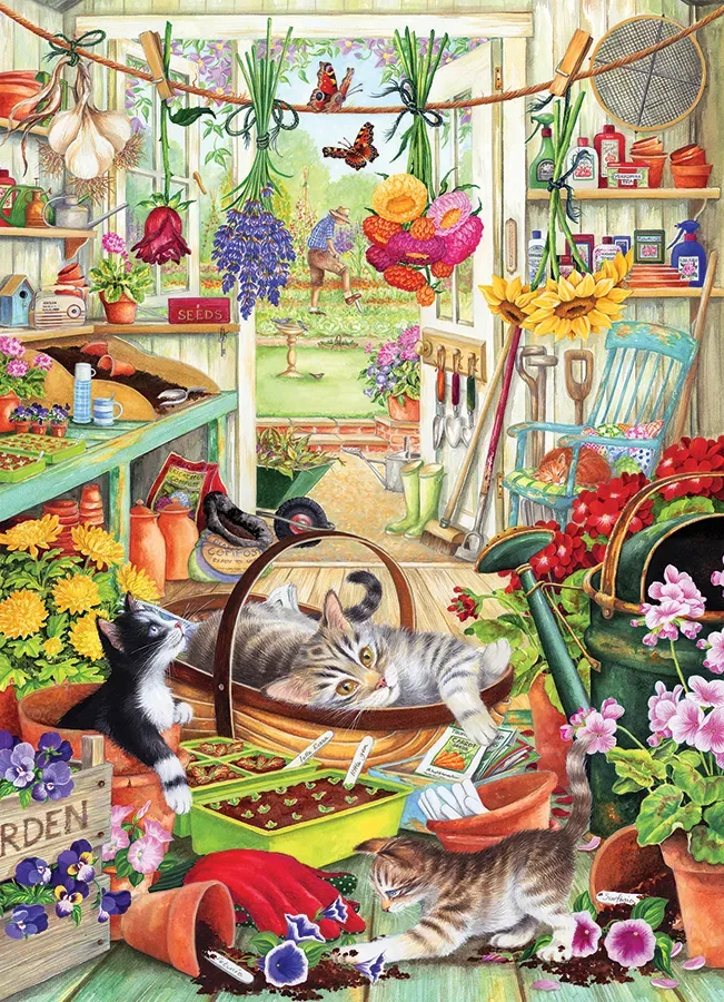 Puzzle Pièces XXL - Hangar de Rempotage pour Chats - Random Cut - 500 à 999 pièces van Cobble Hill – doos
