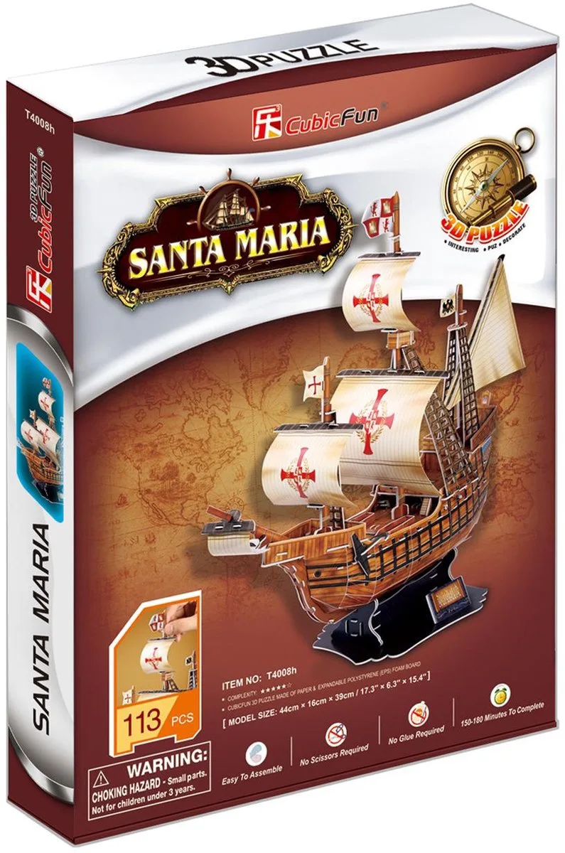 Puzzle 3D Żaglowiec Santa Maria 113 van CubicFun, editie Meerkleurig – doos