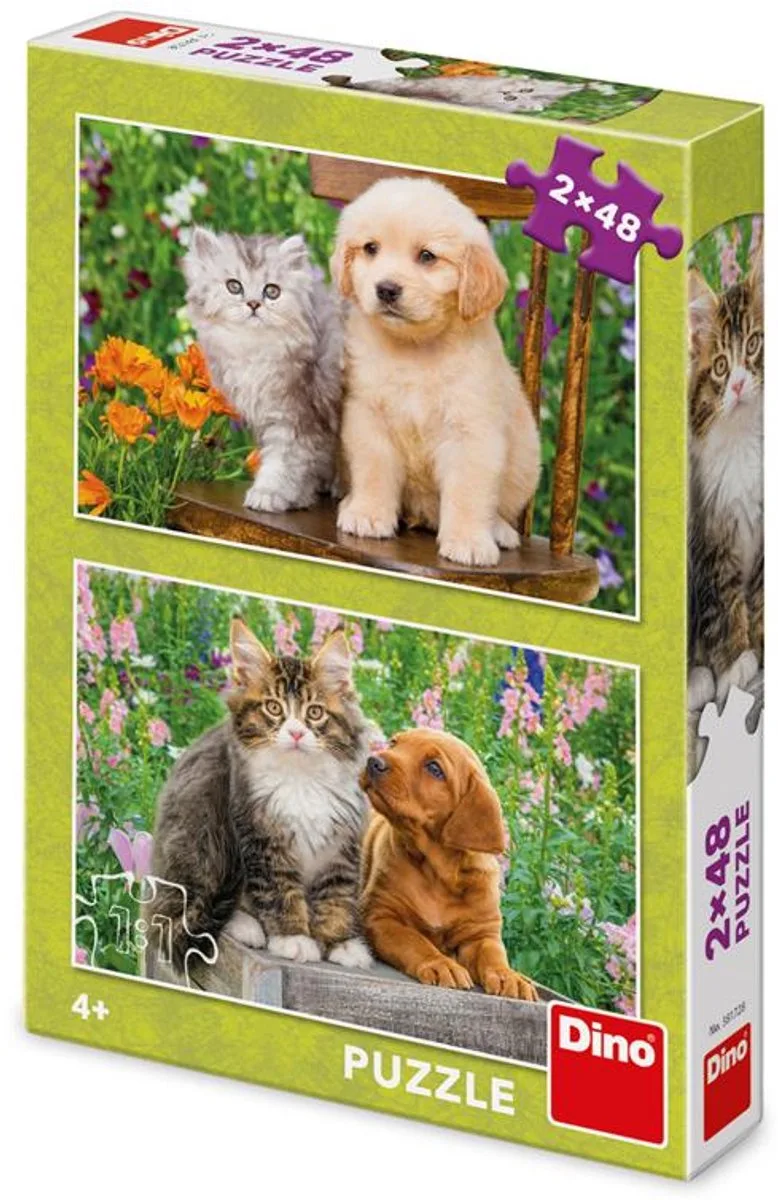 Dino 2 Puzzles - Dog and Cat in the Garden - 48 pieces. de Dino, édition Multicolore – boîte
