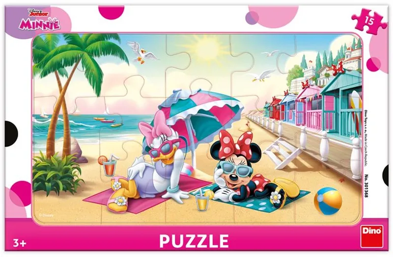 puzzel Minnie Mouse strand 15 stukjes houten frame kinderpuzzel. van Dino, editie Meerkleurig – doos