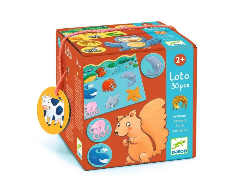 Spiel Lernspiel Lotto Domino Tiere 28–30 Teile 2 Jahren pädagogisch wertvoll, Kinderspiel from Djeco – box