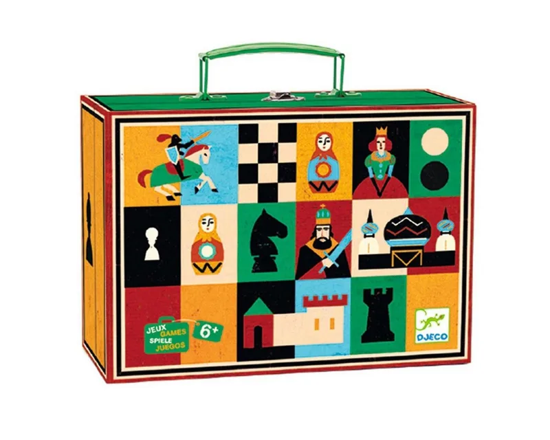 Spiel Schach & Dame Spielset im Koffer, Holzfiguren, Reisespiel ab 6 van Djeco – doos