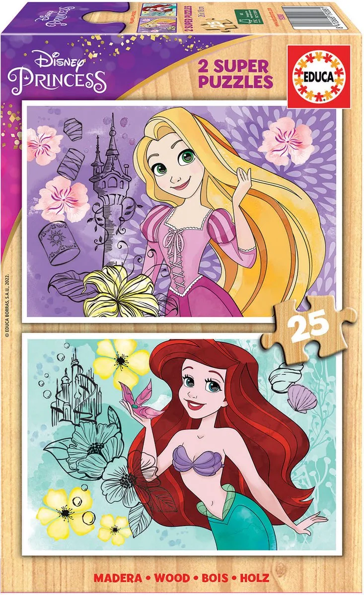 EDUCA-Houten puzzel - 2X25 stukjes - DISNEY PRINCESS. van Educa, editie Meerkleurig – doos