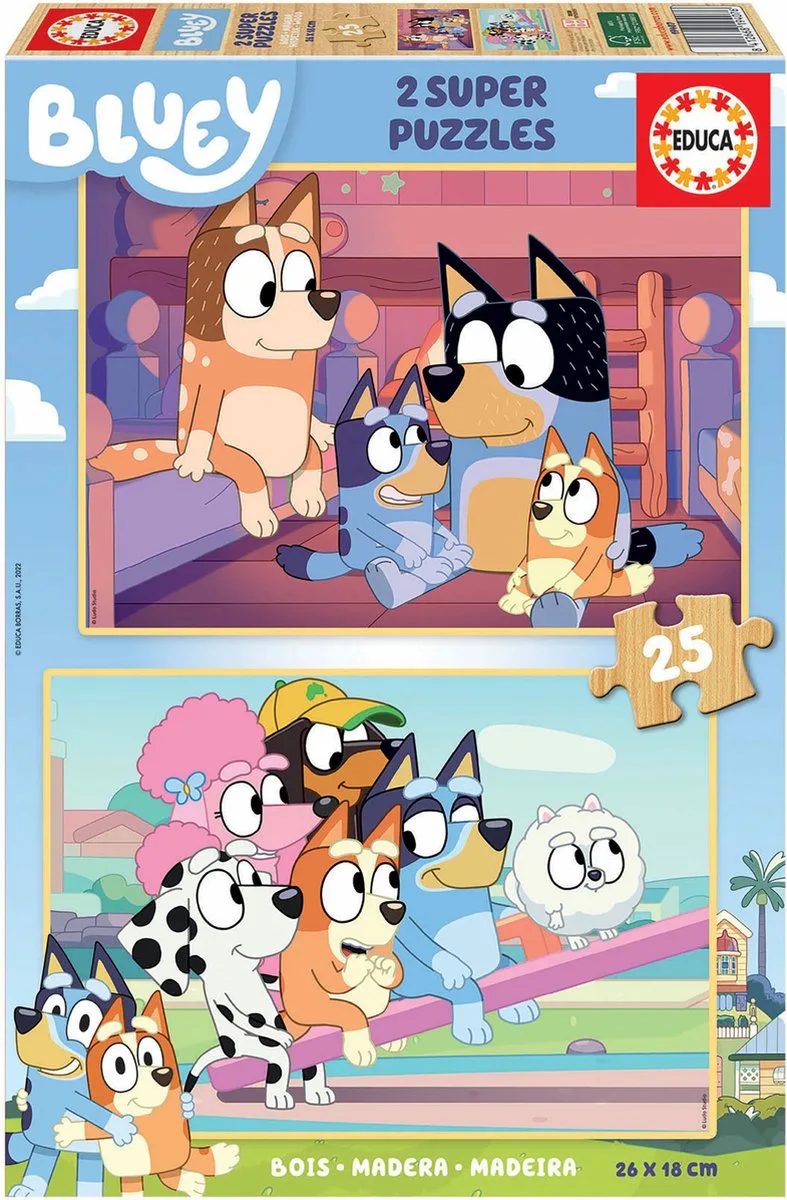 Houten Puzzel - 2 x 25 stukjes - Bluey - Legpuzzel - Kinderpuzzel von Educa, Ausgabe Mehrfarbig – Schachtel 1 von 3