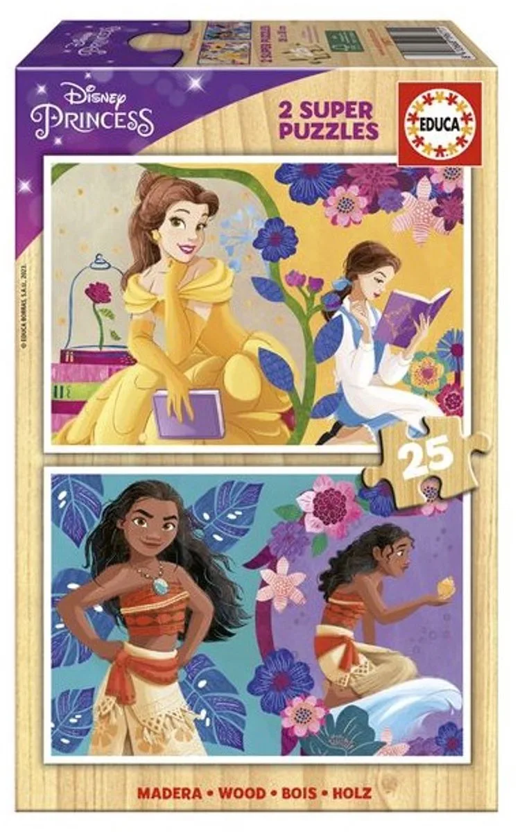houten puzzel Disney Princess Bella en Vaiana 2x25 stukjes. van Educa, editie Meerkleurig – doos 1 van 5