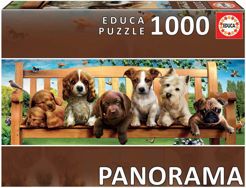 Panorama Legpuzzel - Puppies op de Bank - 1000 stukjes van Educa, editie Bruin – doos