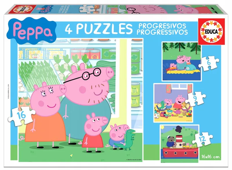 Peppa Pig Puzzelset (6, 9, 12, 16 Stukjes) fra Educa, Flerfarvet-udgave – æske