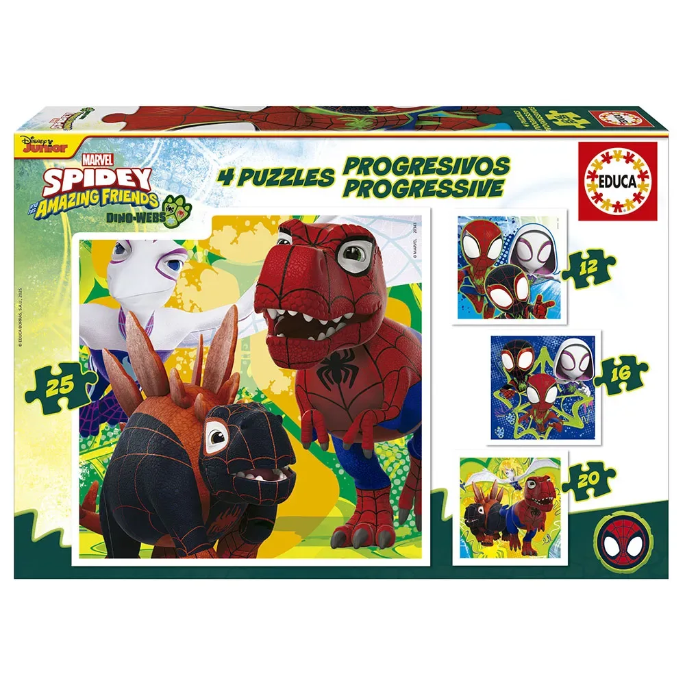 Progressivt Dino Spidey 12+16+20+ Pussel 25 Bitar från Educa – kartong