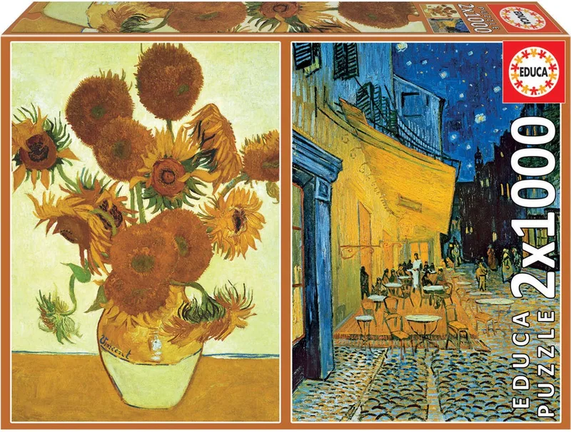 puzzel - 2 x 1000 stuks - Sunflowers & Café Terrace at Night, Vincent Van Gogh van Educa, editie Meerkleurig – doos