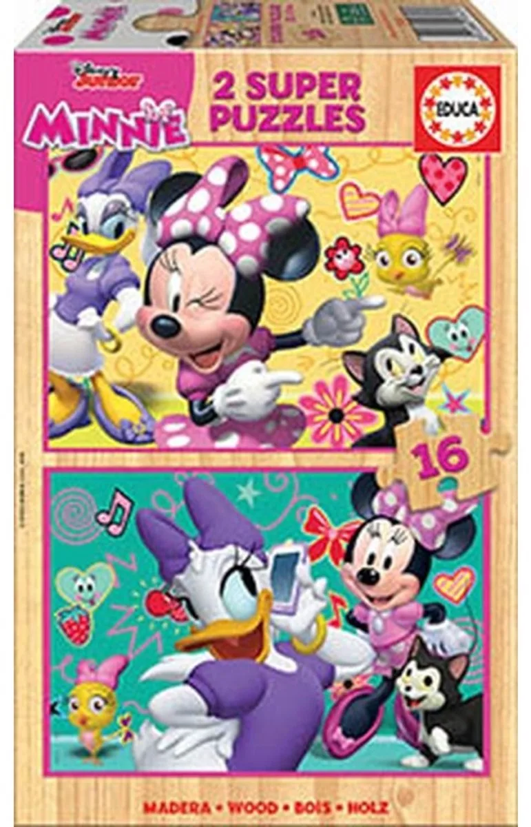 puzzel 2 x 16 stukjes hout - Minnie van Educa, editie Meerkleurig – doos