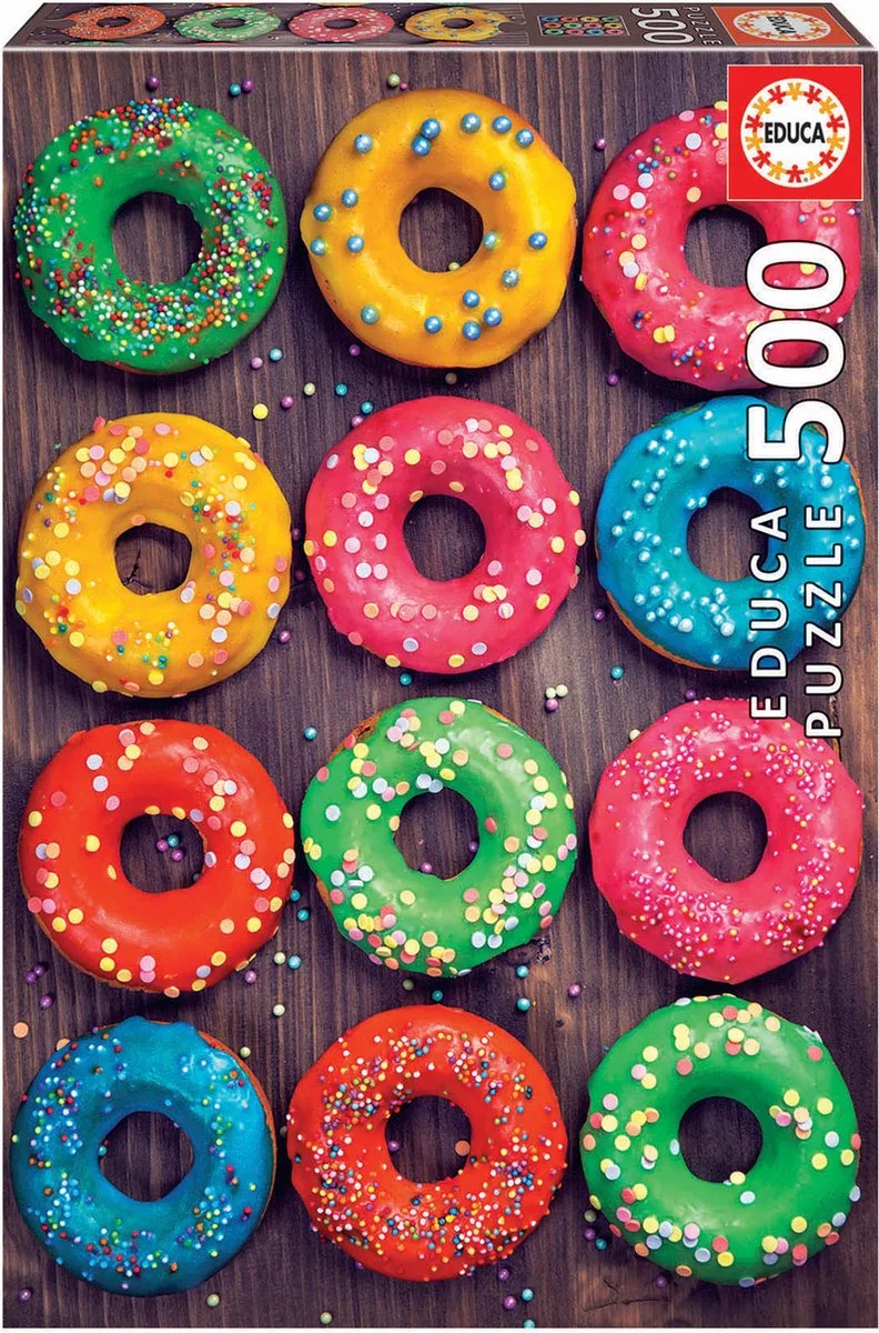 puzzel - 500 stuks - GEKLEURDE BEIGNETS van Educa, editie Multi-coloured – doos